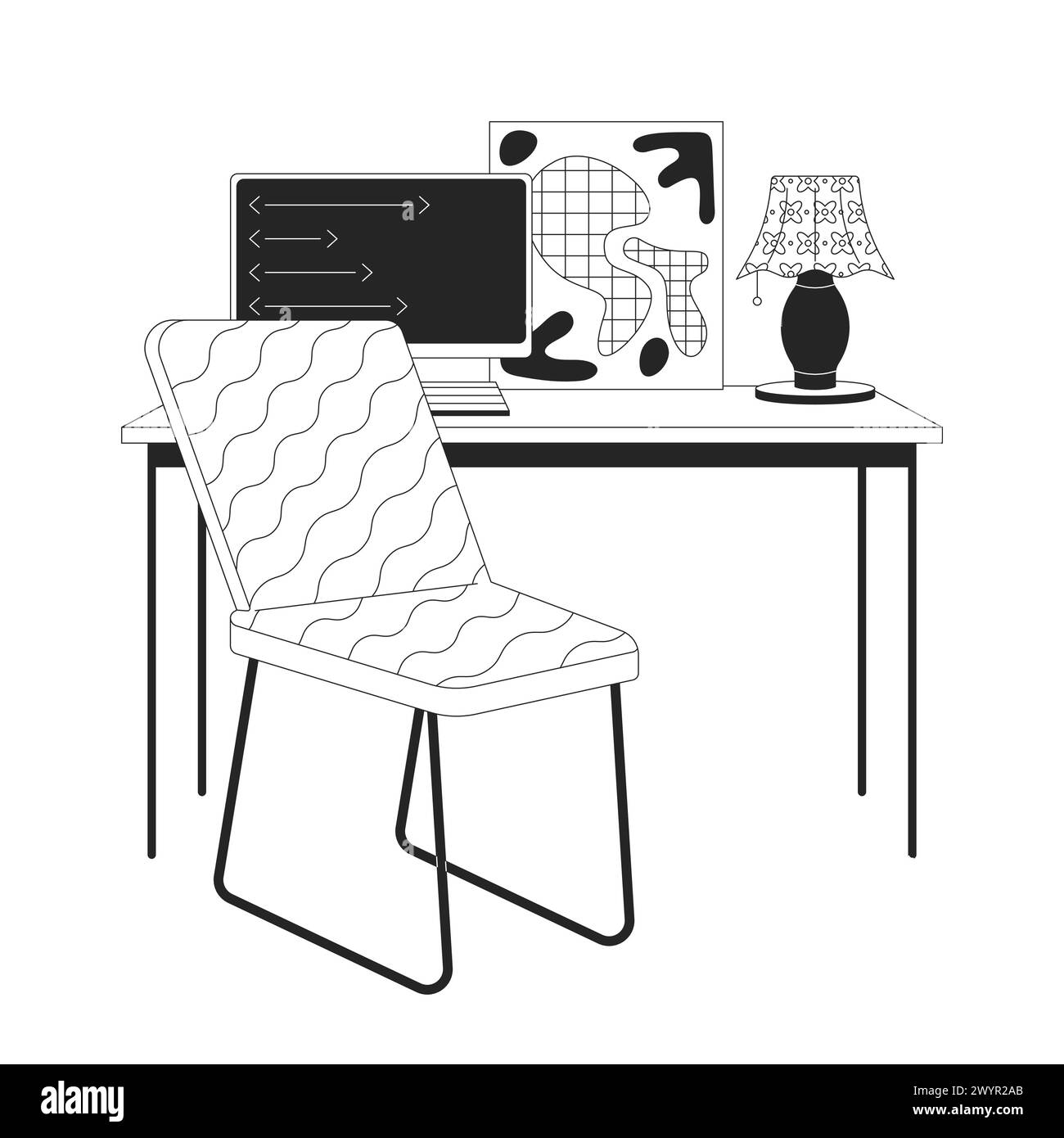 Bureau à domicile minimaliste avec des objets de dessin animé linéaires 2D pc Illustration de Vecteur