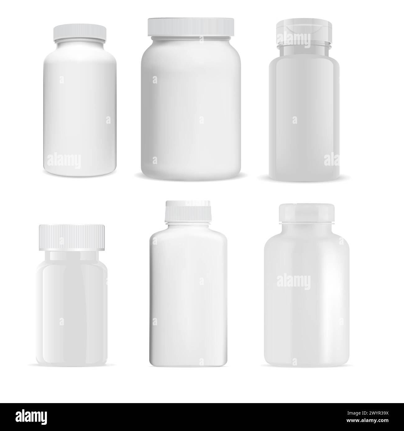 Flacon à pilules. Pot de pilule de vitamine, blanc en plastique. Conception de récipient de comprimé de supplément, illustration de médicament de capsule de médicament pharmaceutique. Prescription ph Illustration de Vecteur