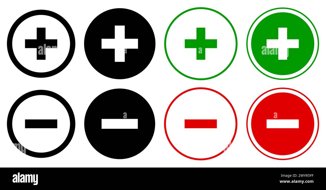 Ensemble d'icônes de signe plus et de signe moins ronds. Vecteur de symboles positifs et négatifs. Illustration de Vecteur