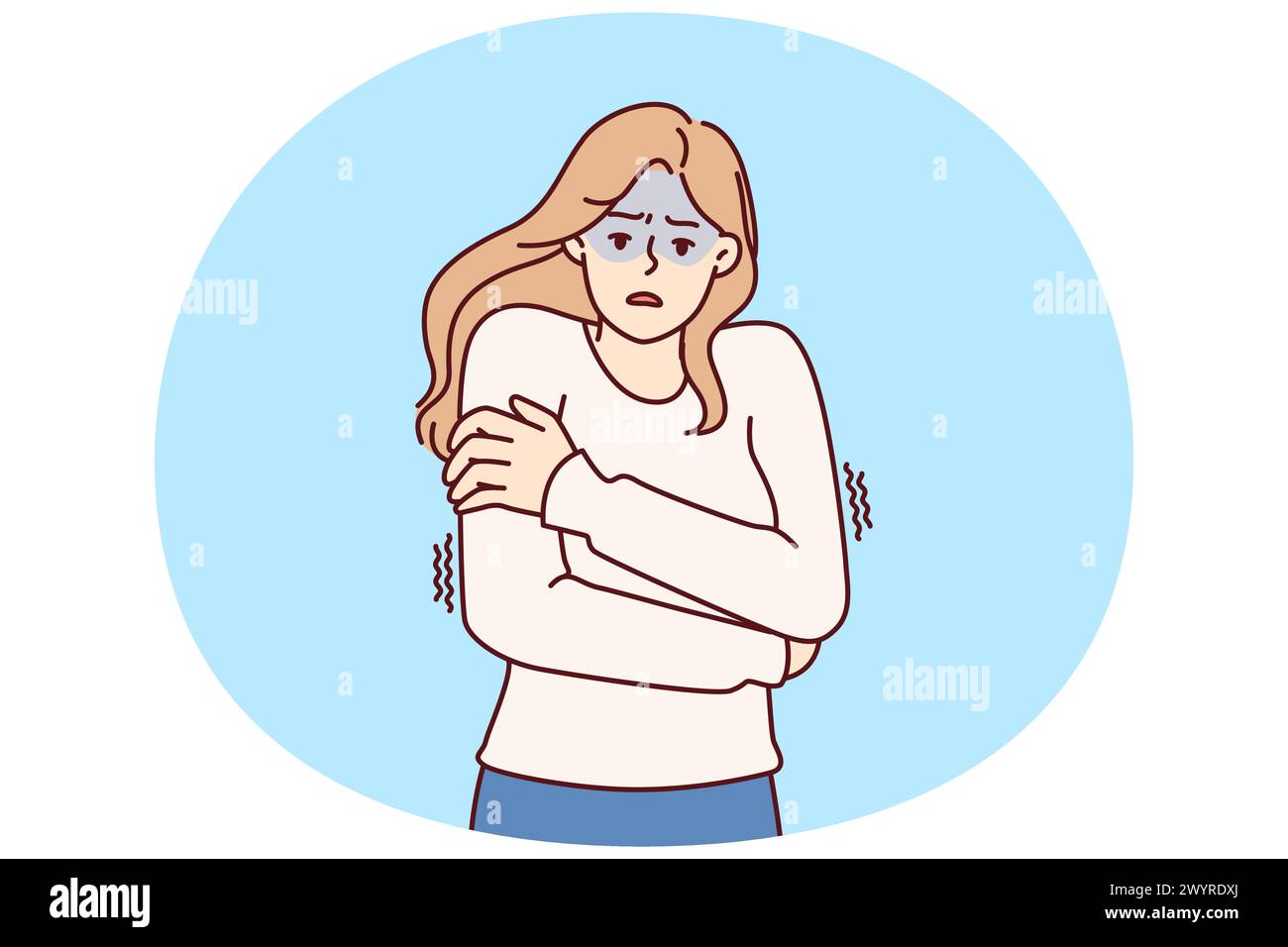 Une femme qui gèle les épaules en train d'essayer de garder au chaud et de ressentir des frissons après avoir contracté une infection grippale ou de la fièvre. Fille de glace dans le chandail rêve de la maison chaude d'attendre le temps froid Illustration de Vecteur