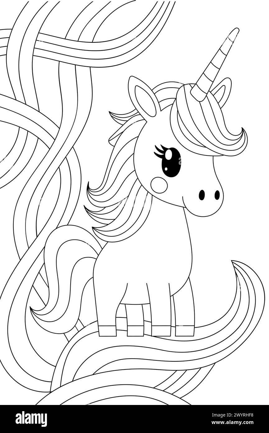 Cute Unicorn Coloring page est parfait pour la créativité des enfants Illustration de Vecteur