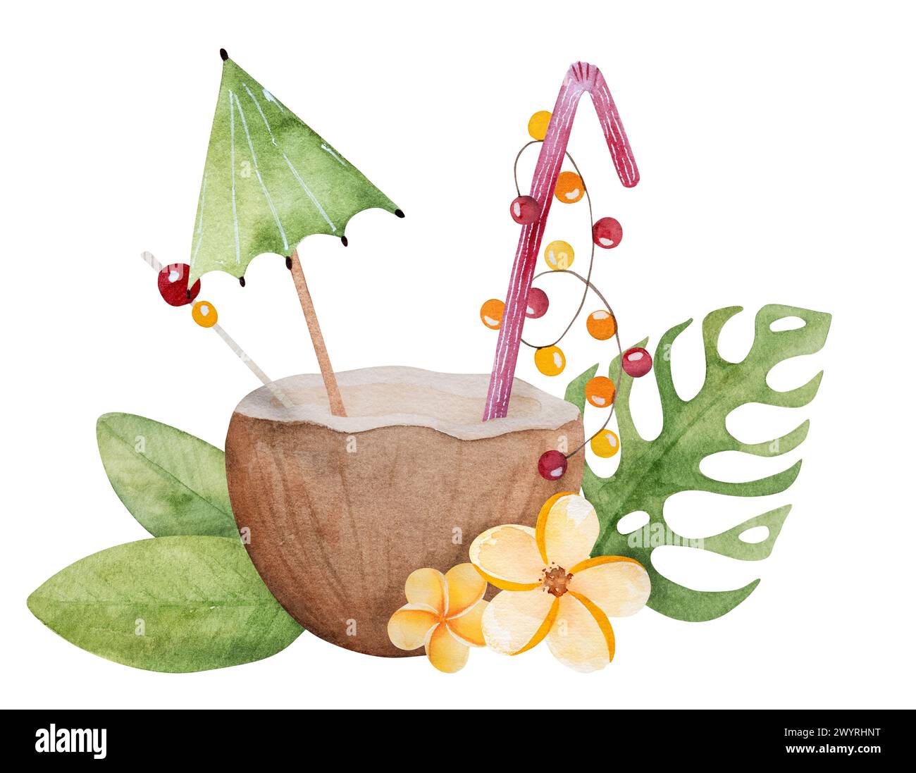 Illustration dessinée à la main d'Un thème de vacances d'été - Un cocktail dans Une noix de coco décoré avec un parapluie, fleurs tropicales et feuilles Clipart sur Un fond blanc Banque D'Images
