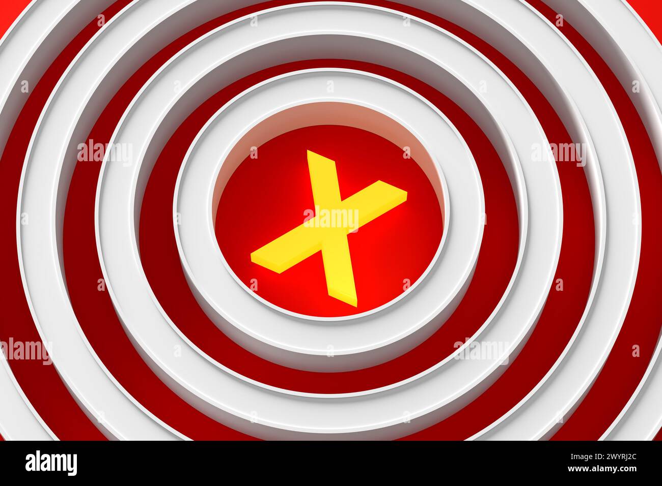 Erreur, erreur ou rejet. Signe de croix illuminé ou symbole x au centre d'une cible sur fond rouge. Rendu 3D. Banque D'Images
