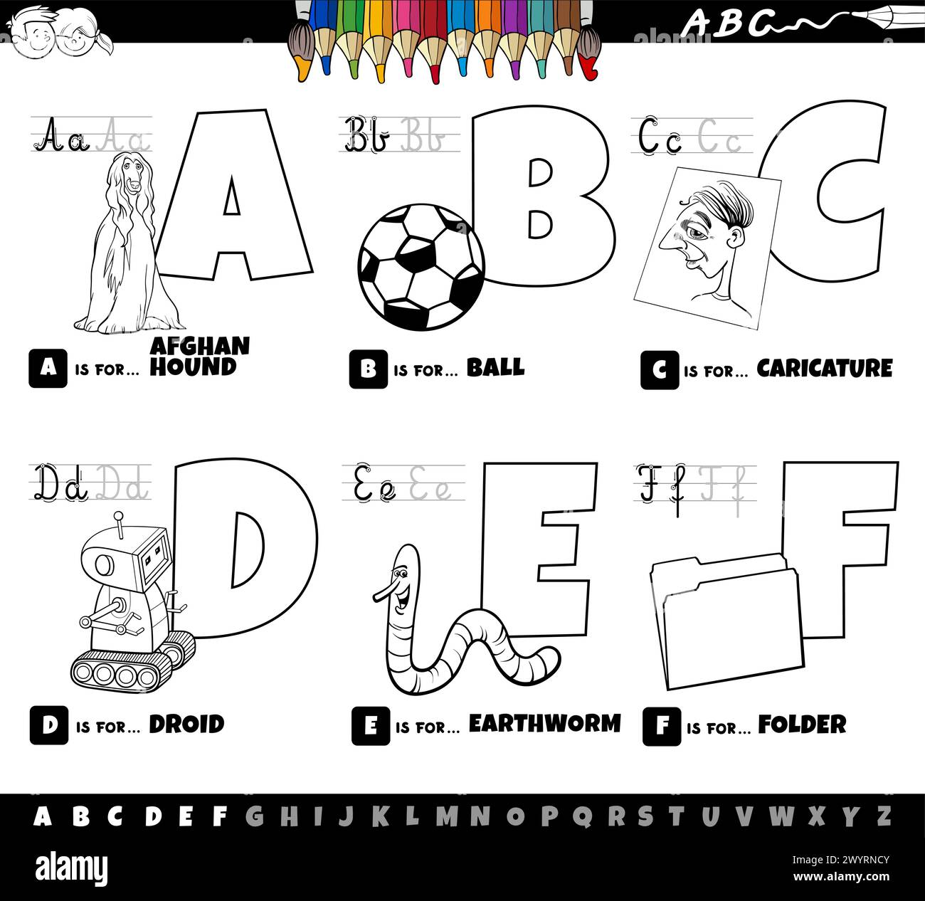 Dessin animé noir et blanc représentant des lettres majuscules de l'alphabet kit éducatif pour la pratique de la lecture et de l'écriture pour les enfants de Couleur a à F Illustration de Vecteur