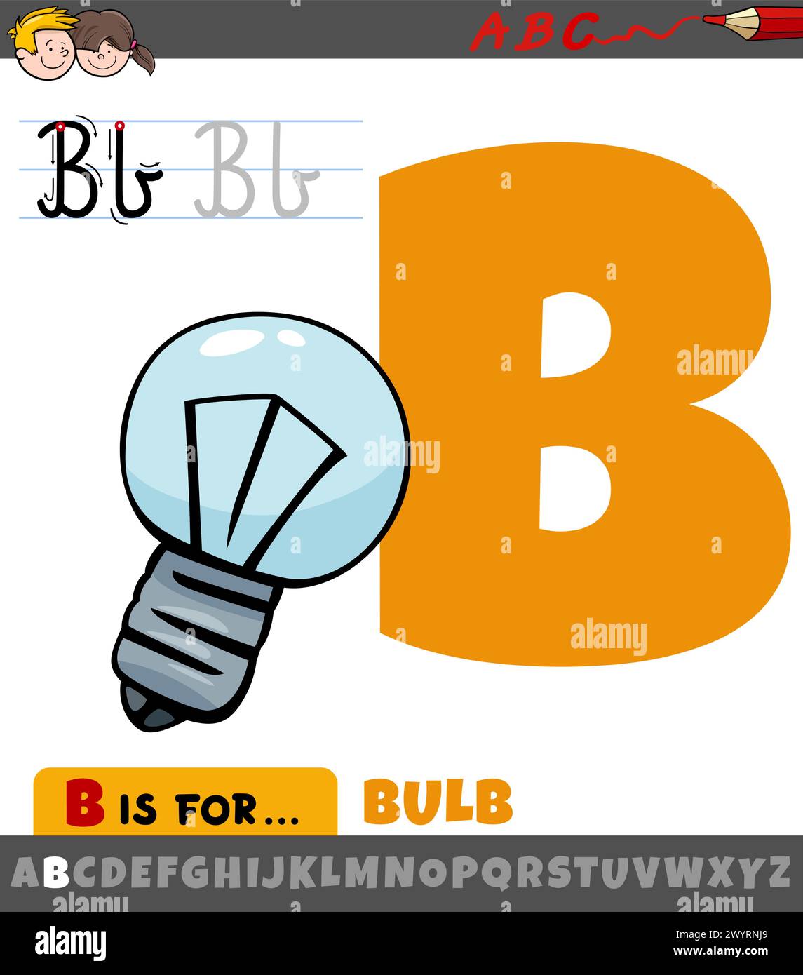 Illustration éducative de dessin animé de la lettre B de l'alphabet avec l'objet ampoule Illustration de Vecteur