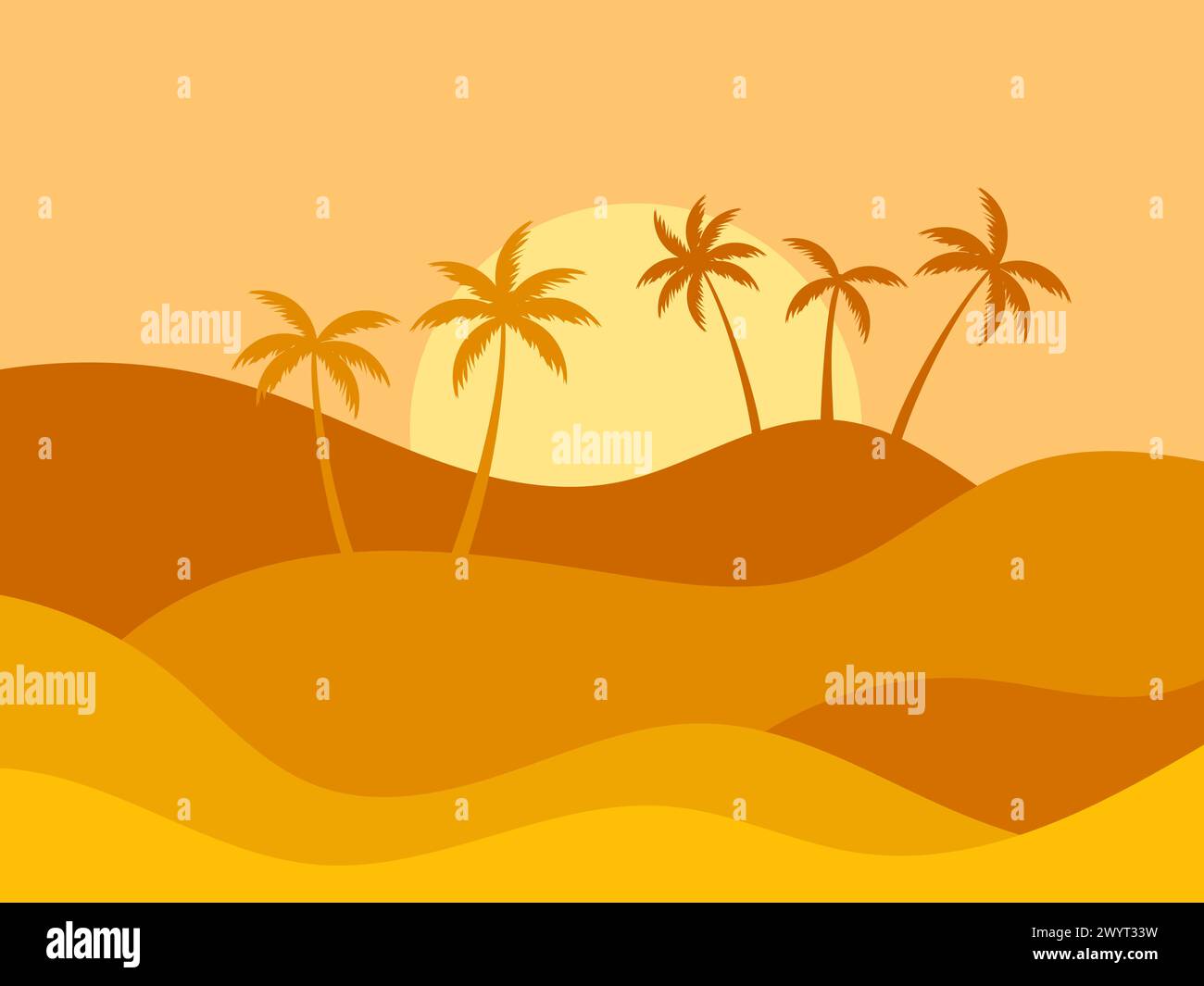 Paysage désertique avec des palmiers et des dunes de sable. Silhouettes de palmiers au lever du soleil dans le désert. Paysage ondulé avec des dunes de sable. Conception pour impression, Illustration de Vecteur