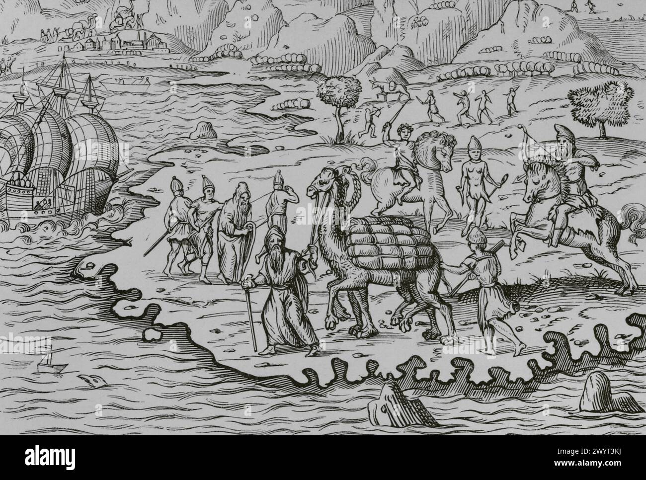 Transport de marchandises par chameau pour le chargement sur des navires. Fac-similé d'après une gravure sur bois tirée de 'la cosmographie universelle' d'André Thevet (1516-1590), publiée à Paris en 1575. « Moeurs, usages et costumes au moyen-âge et à l'époque de la Renaissance », de Paul Lacroix. Paris, 1878. Banque D'Images