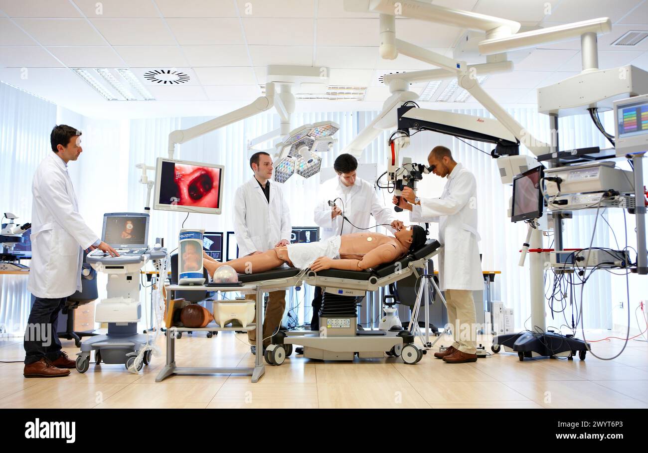 Salle d'opération intégrée, simulation de bronchoscopie, examen des voies respiratoires, santé et applications biomédicales, Centre des technologies d'interaction visuelle et de communication Vicomtech-IK4, Centre de recherche appliquée pour l'infographie interactive et multimédia, Parc technologique de San Sebastian, Donostia, Gipuzkoa, Euskadi, Espagne. Banque D'Images