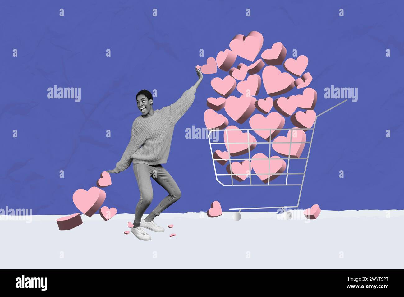 Croquis image composite d'illustration de tendance collage photo de jeune belle dame attrayante porter dans des cadeaux de forme 3D en forme de coeur de pile de chariot énorme Banque D'Images