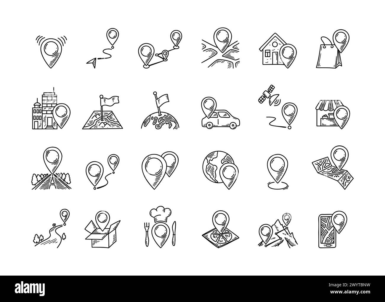 Icônes d'épinglage de carte GPS définies. Panneaux et pictogrammes de destinations de voyage dessinés à la main. Esquisser les points de positionnement. Illustration de Vecteur
