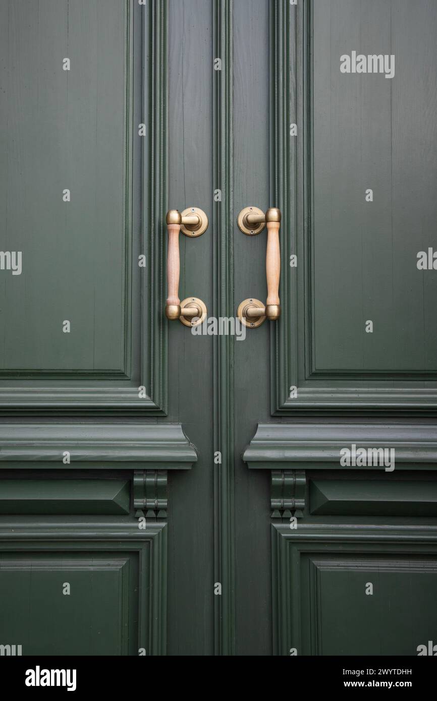 Poignées de porte dorées sur portes en bois vertes. Prise de vue verticale Banque D'Images