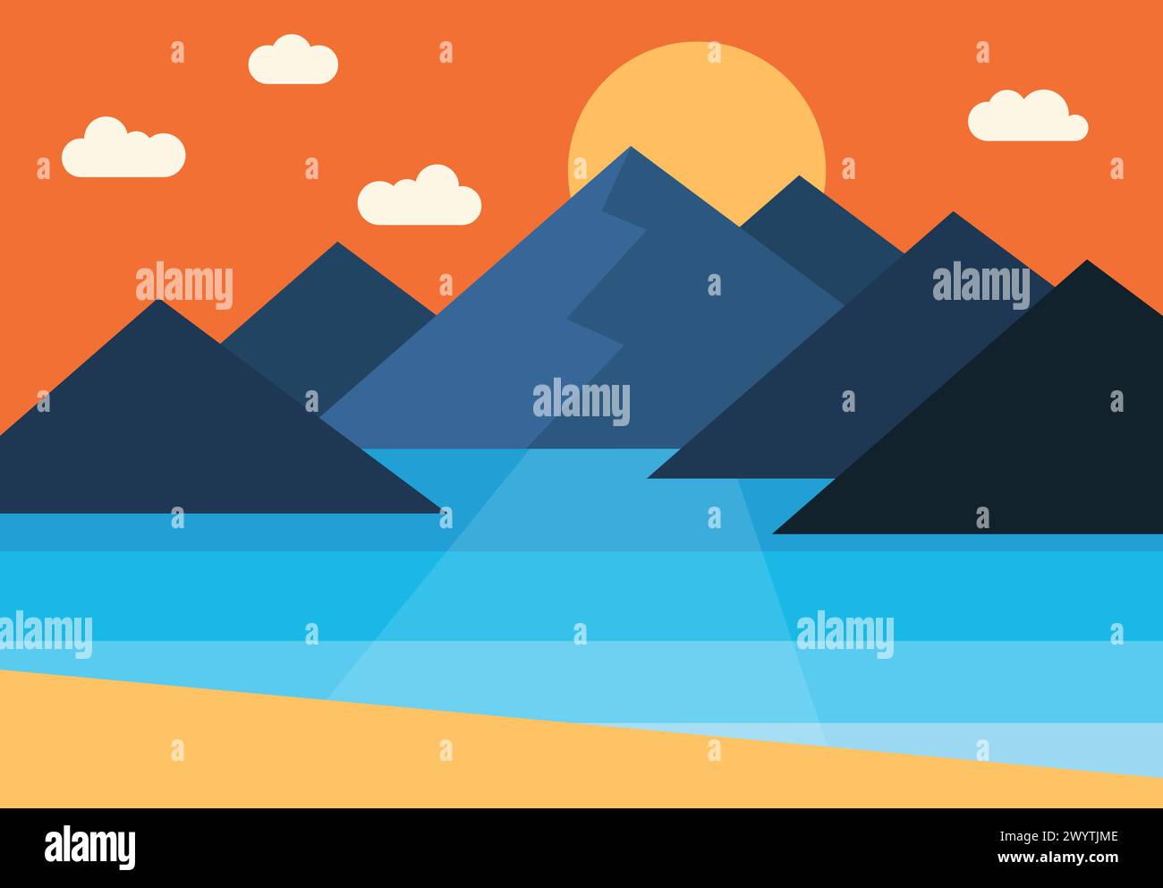 Panorama vectoriel du coucher de soleil dans les montagnes au bord de la mer Illustration de Vecteur