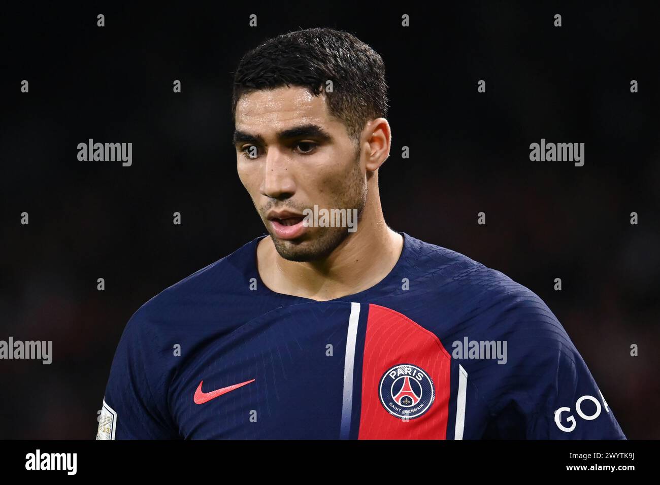 Paris, France. 06 avril 2024. Julien Mattia/le Pictorium - PSG vs Clermont Foot 63 - 06/04/2024 - France/Ile-de-France (région)/Paris - Achraf Hakimi lors du 28e Journee de ligue 1 Ubereats, entre PSG et Clermont Foot 63 au Parc des Princes, 6 avril 2024 crédit : LE PICTORIUM/Alamy Live News Banque D'Images