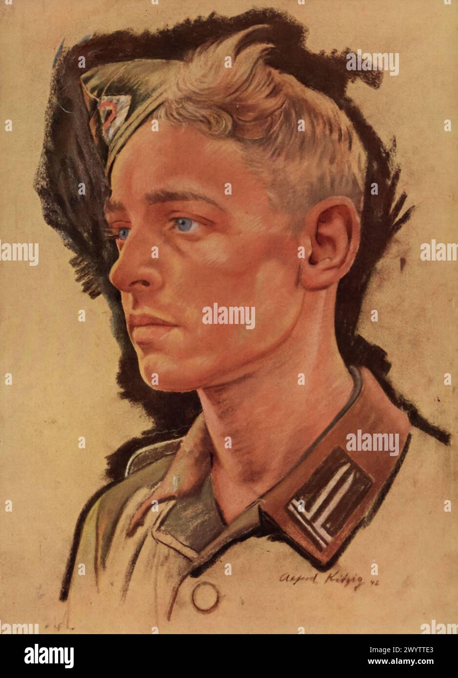 Portrait pastel d'un soldat allemand, 1942' par Alfred Kitzig. Créé pendant la guerre, l’utilisation du pastel donne une douceur et une immédiateté au portrait, soulignant l’humanité du sujet dans le contexte des troubles de la seconde Guerre mondiale. Banque D'Images