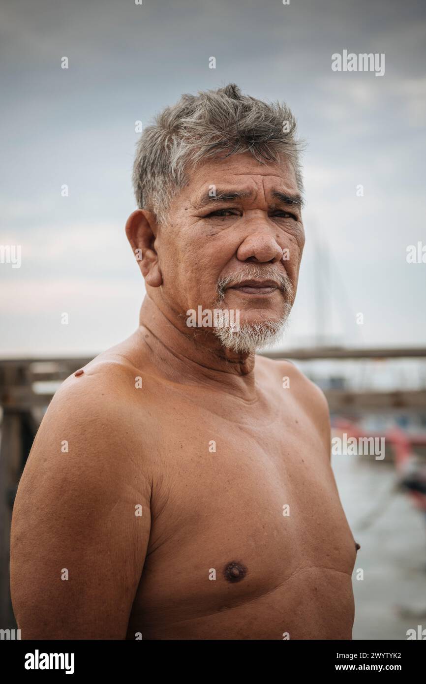 Portrait de Rambi, Sungai Gelugor Fisherman Wharf, George Town, Pulau Pinang, Penang, Malaisie, Asie Banque D'Images