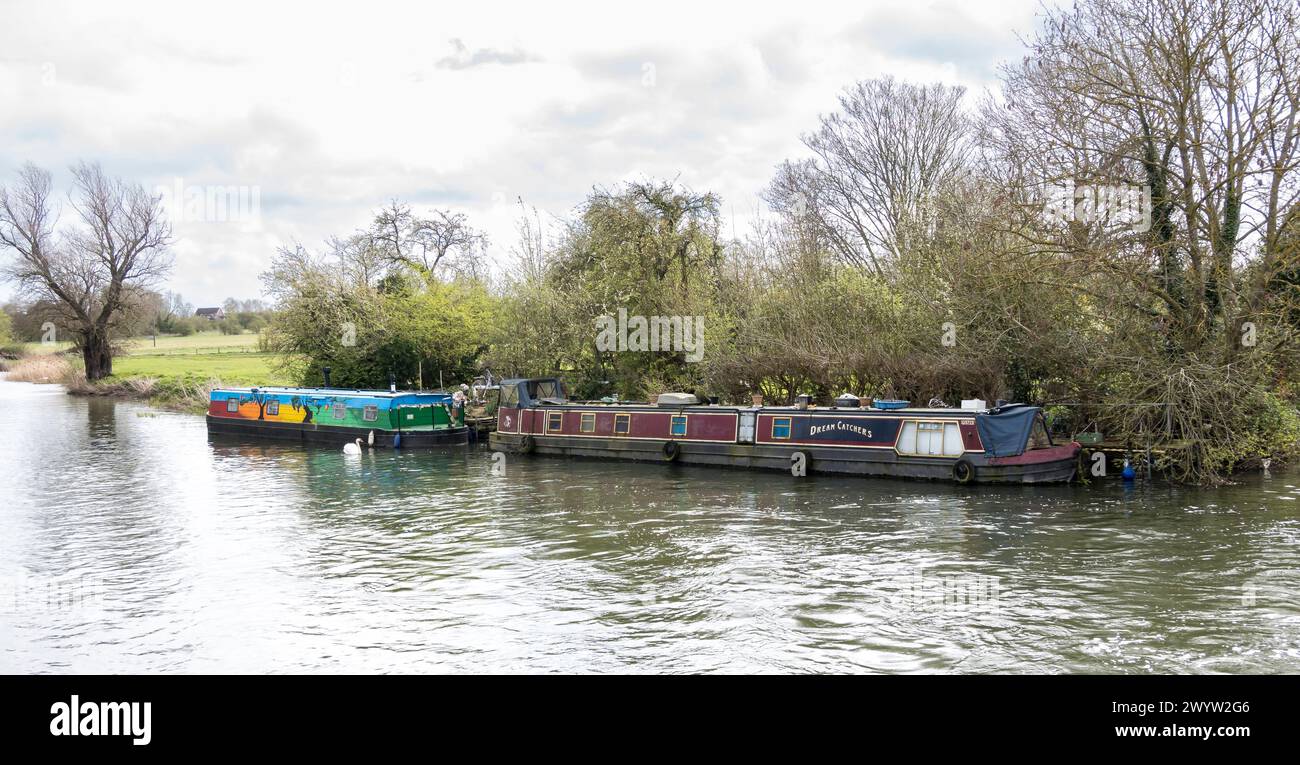 Dream Catchers bateau étroit et bateau large bande coloré sur River Cam, Baits morsure lock, Milton, Cambridgeshire, Angleterre, ROYAUME-UNI Banque D'Images