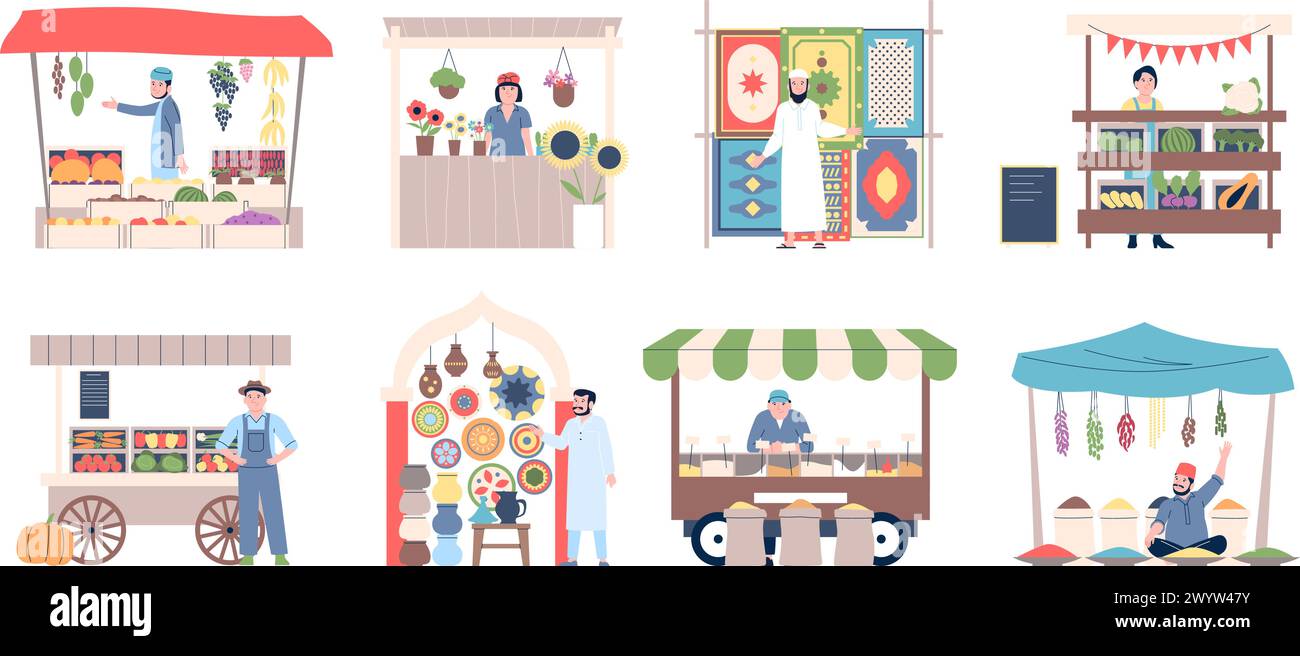 Étal de marché plat. Différents stands avec des produits et de la nourriture d'asie de l'est. Fruits frais légumes, épices et souvenirs. Stands exotiques plats et gens Illustration de Vecteur