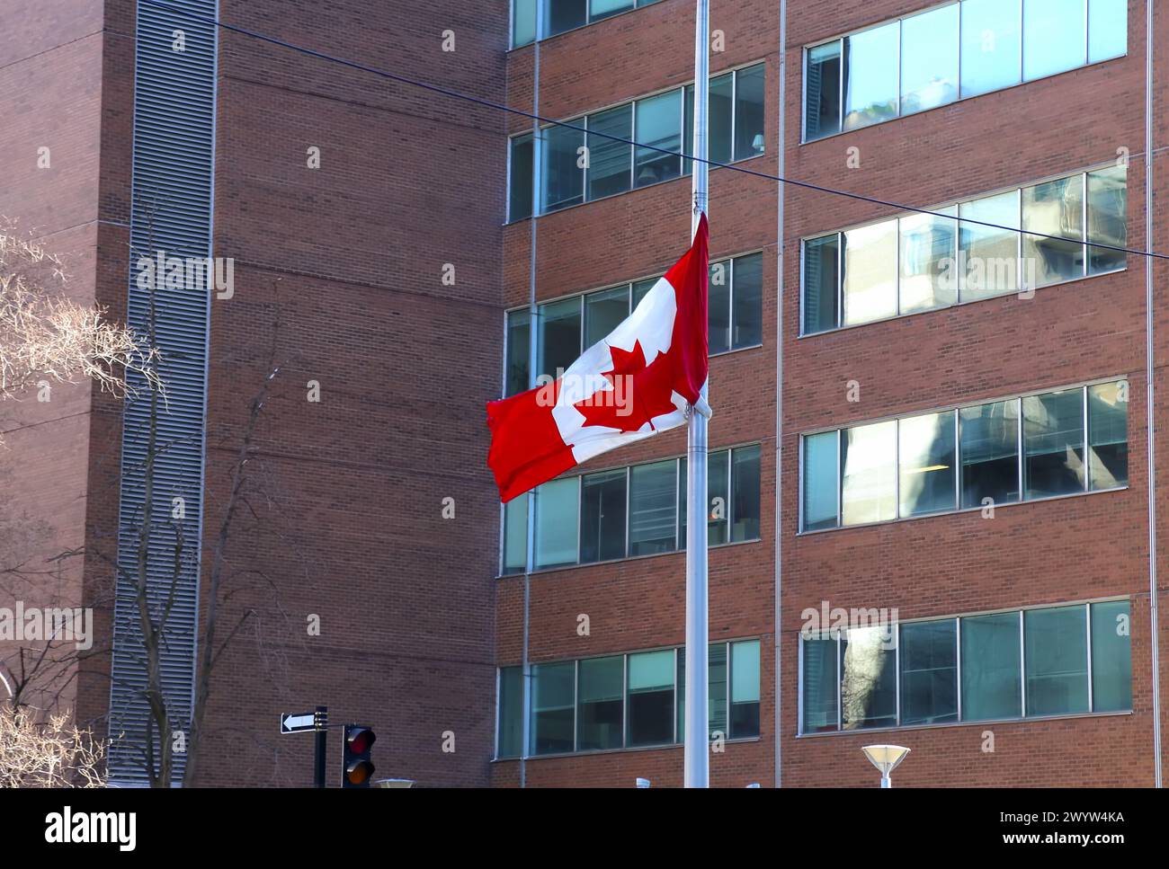 Le magnifique drapeau du Canada agite devant l'immeuble d'affaires du centre-ville de Montréal Banque D'Images