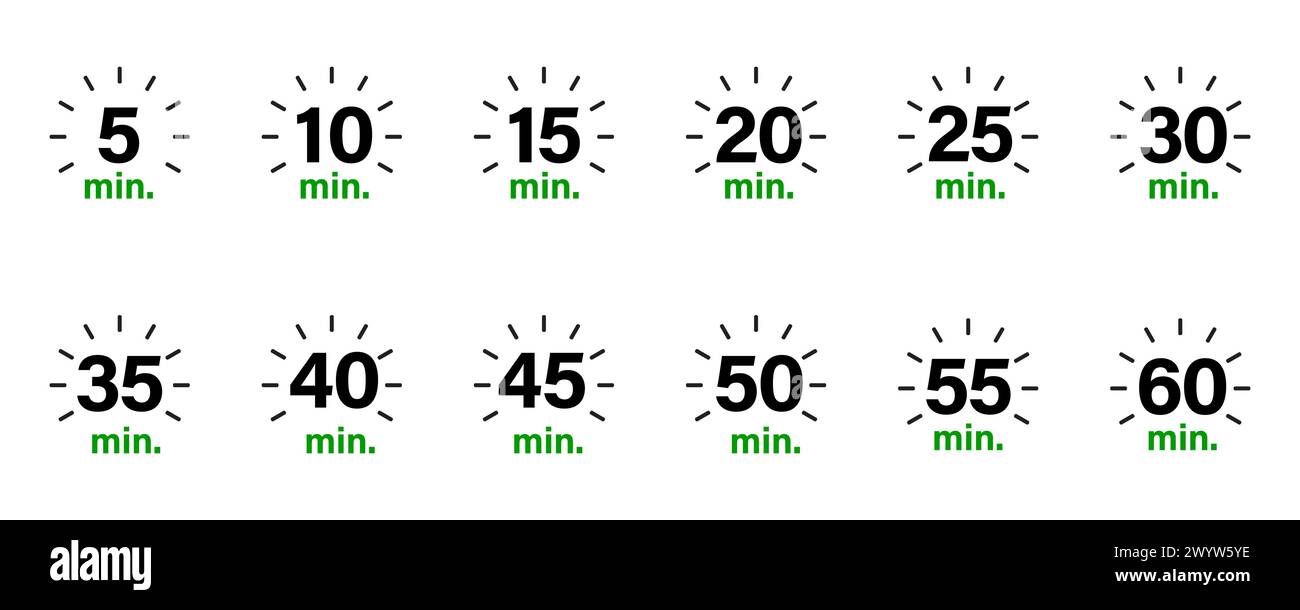 Minuterie, horloge, chronomètre, 5, 10, 15, 20, 25, 30, 35, 40, 45, 50, 55, 60 minutes set vecteur de collection. Illustration de Vecteur