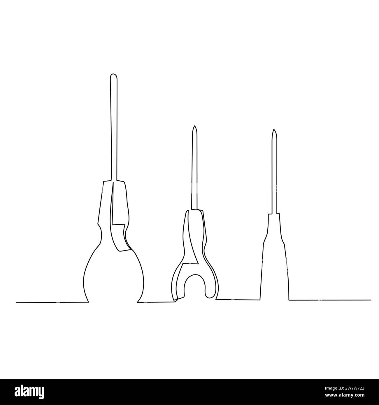 Jeu d'outils de tournevis. Petit travail de menuiserie dans l'atelier et élément de conception du concept de rénovation de la maison. Vecteur de dessin de ligne continue. Illustration de Vecteur