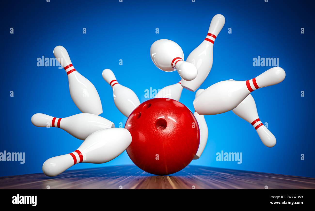 Plan d'action d'une boule de bowling rouge s'écrasant dans des épingles blanches sur fond bleu. rendu 3d. Banque D'Images