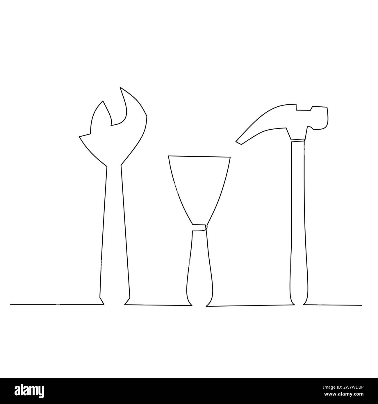 Dessin en trait continu d'une clé réglable, d'un racleur et d'un marteau. Vecteur de style dessiné à la main plat simple pour outil en ingénierie et construction Illustration de Vecteur