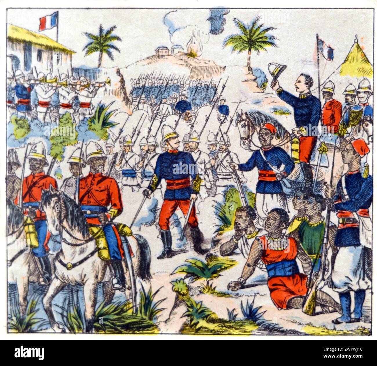 Les forces françaises capturent Abomey en novembre 1892, alors capitale du Royaume du Dahomey, aujourd'hui Bénin, Afrique de l'Ouest. Gravure ou illustration colorée vintage ou historique, début c20e Banque D'Images