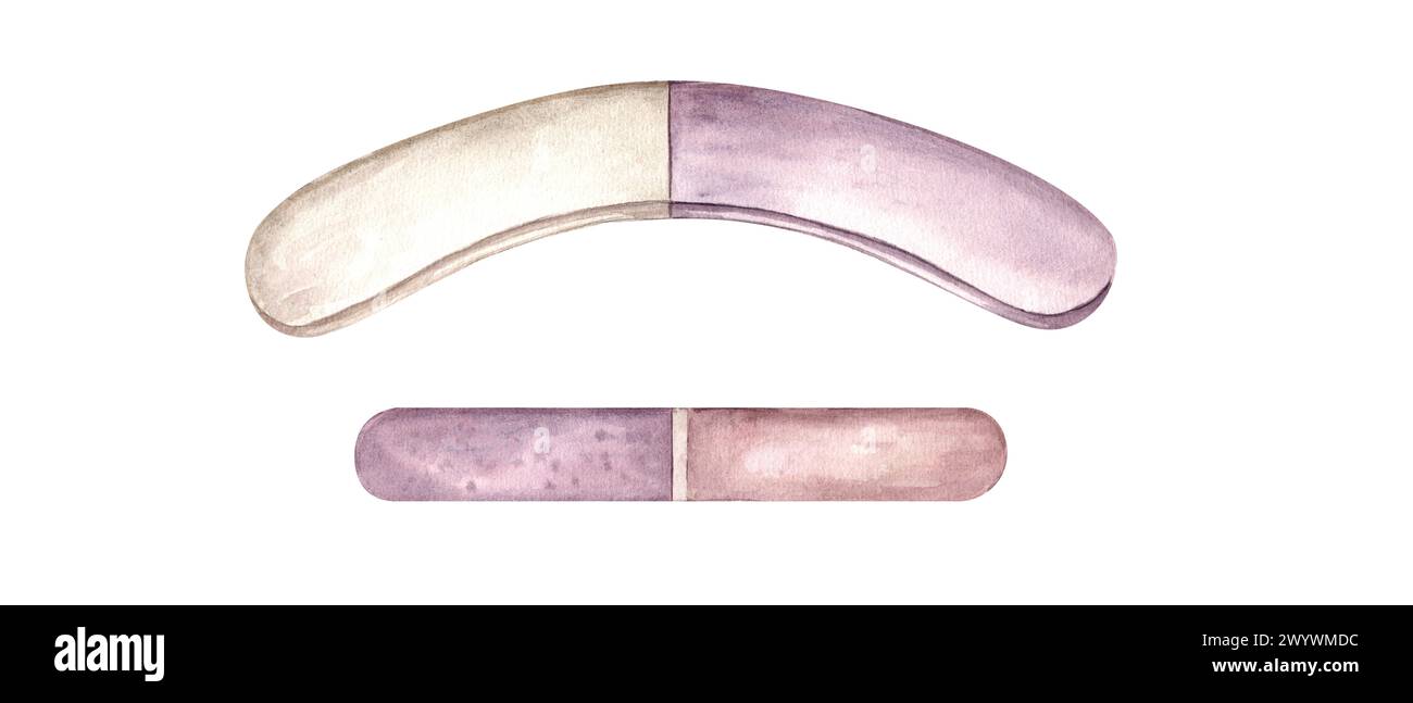 Lime à ongles et tampon. Panneau double face dans les couleurs rose durst. Fichiers de mise en mémoire tampon des ongles. Outils de manucure pour la maison et le salon. Illustration aquarelle Banque D'Images