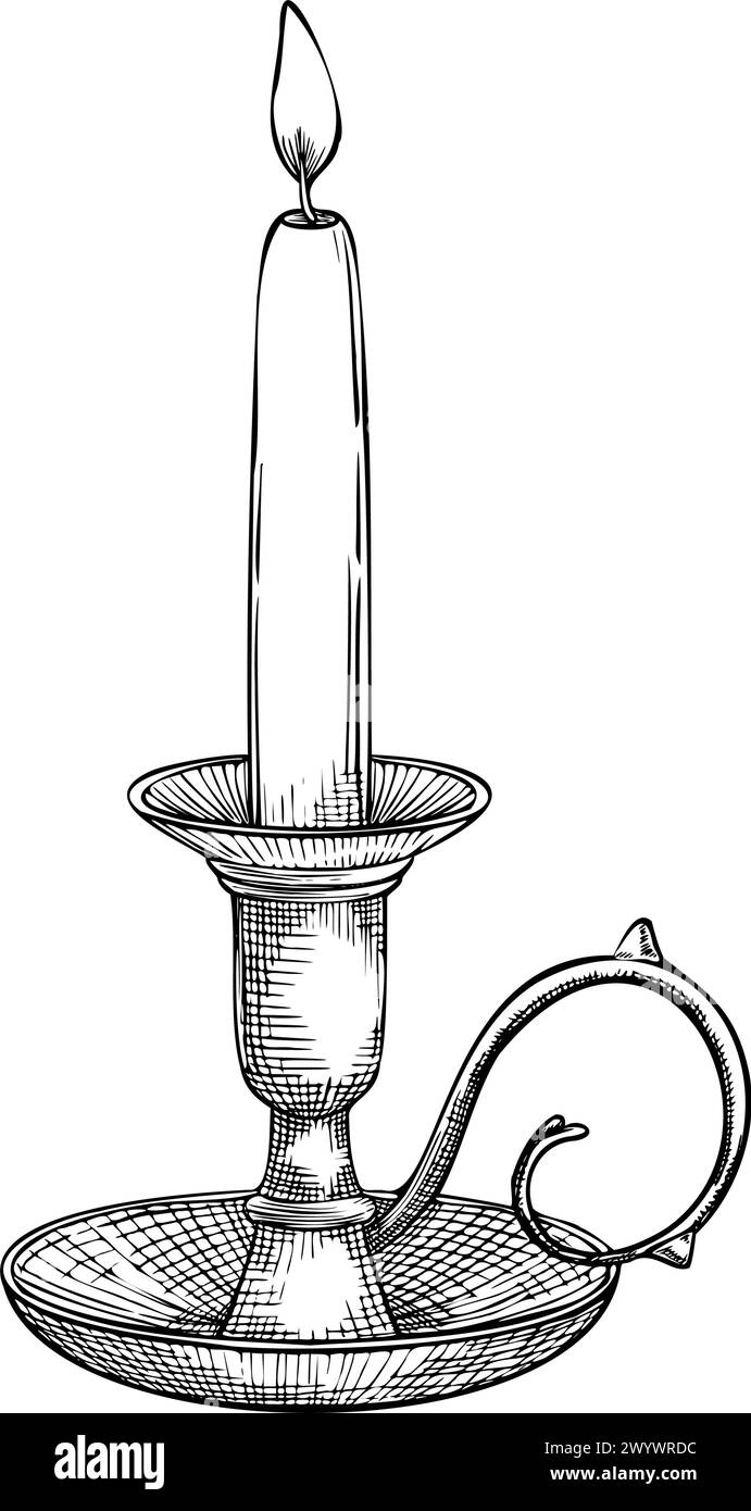 Illustration vectorielle de porte-bougie. Chandelier vintage. Vieux bougeoir pour peint par des encres noires dans le style de gravure. Dessin de lampe antique avec bougie pour icône ou logo. Gravure vintage. Illustration de Vecteur