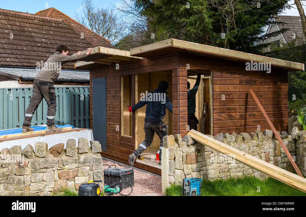Menuisiers et ouvriers installant un toit pour construire un hangar et une salle de jardin, Écosse, Royaume-Uni Banque D'Images