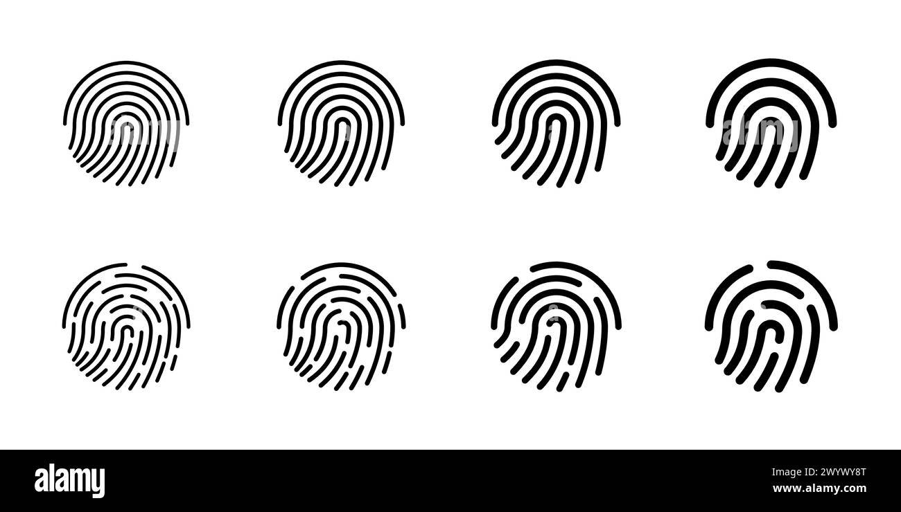 Jeu d'icônes de balayage du doigt de l'utilisateur. Collection de symboles d'identification biométrique tactile d'empreintes digitales. Signe de sécurité d'identification d'empreinte digitale de compte moderne. Badge de lecteur de reconnaissance d'utilisateur. Logo vectoriel isolé linéaire noir Illustration de Vecteur