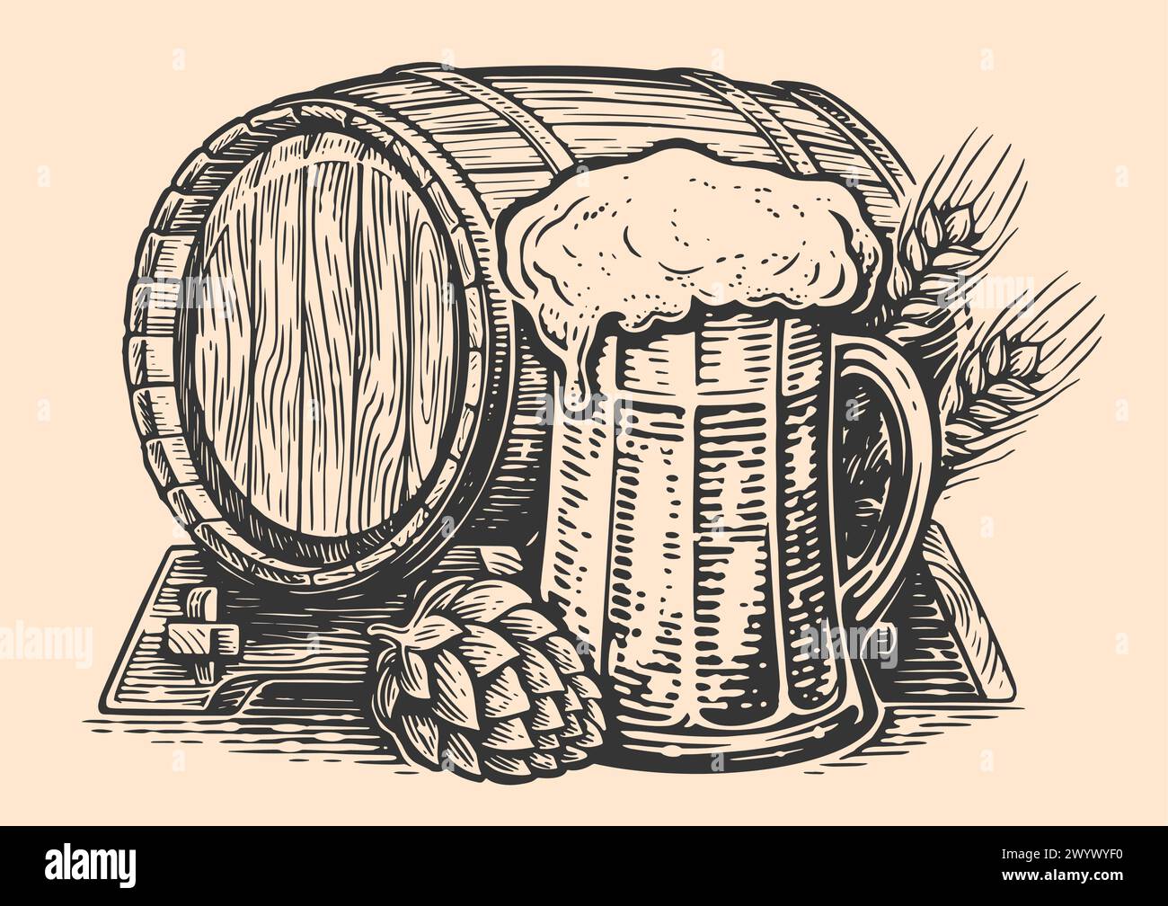 Tasse et tonneau de bière. Style d'esquisse dessiné à la main. Pub, illustration vectorielle de brasserie Illustration de Vecteur