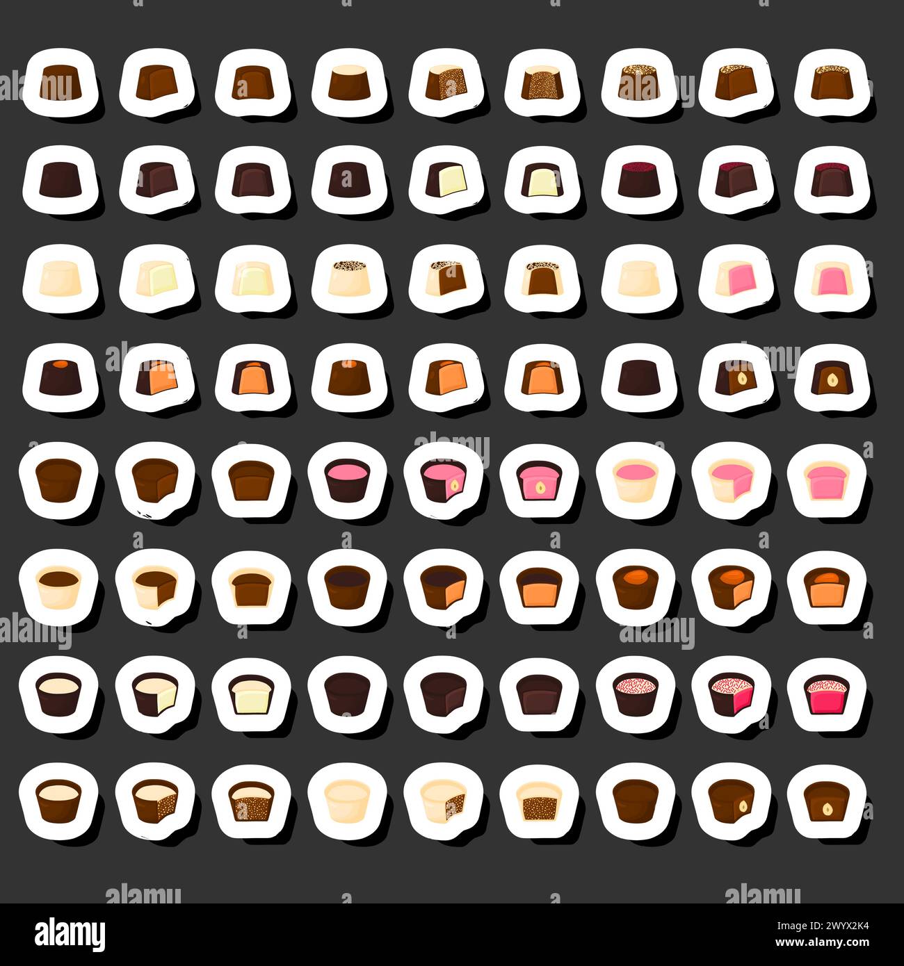 Illustration sur le thème beau grand ensemble bonbon de bonbons au chocolat sucré, bonbon de bonbons composé de glaçage en poudre recouvert de chocolat sucré noir, kit choc Illustration de Vecteur