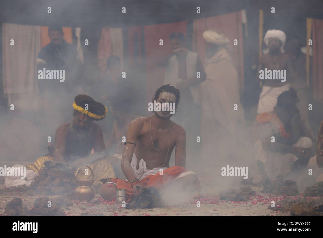 Les Sadhu exécutent des rituels à l'occasion du festival basant Panchami dans un camp religieux lors de la 'Magh Mela' annuelle à la banque de Sangam à Prayagraj. Banque D'Images