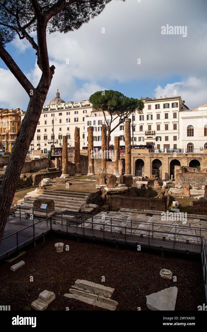 Largo di Torre Argentina (place de la Tour Argentine) est un grand espace ouvert à Rome, en Italie, avec quatre temples romains Banque D'Images