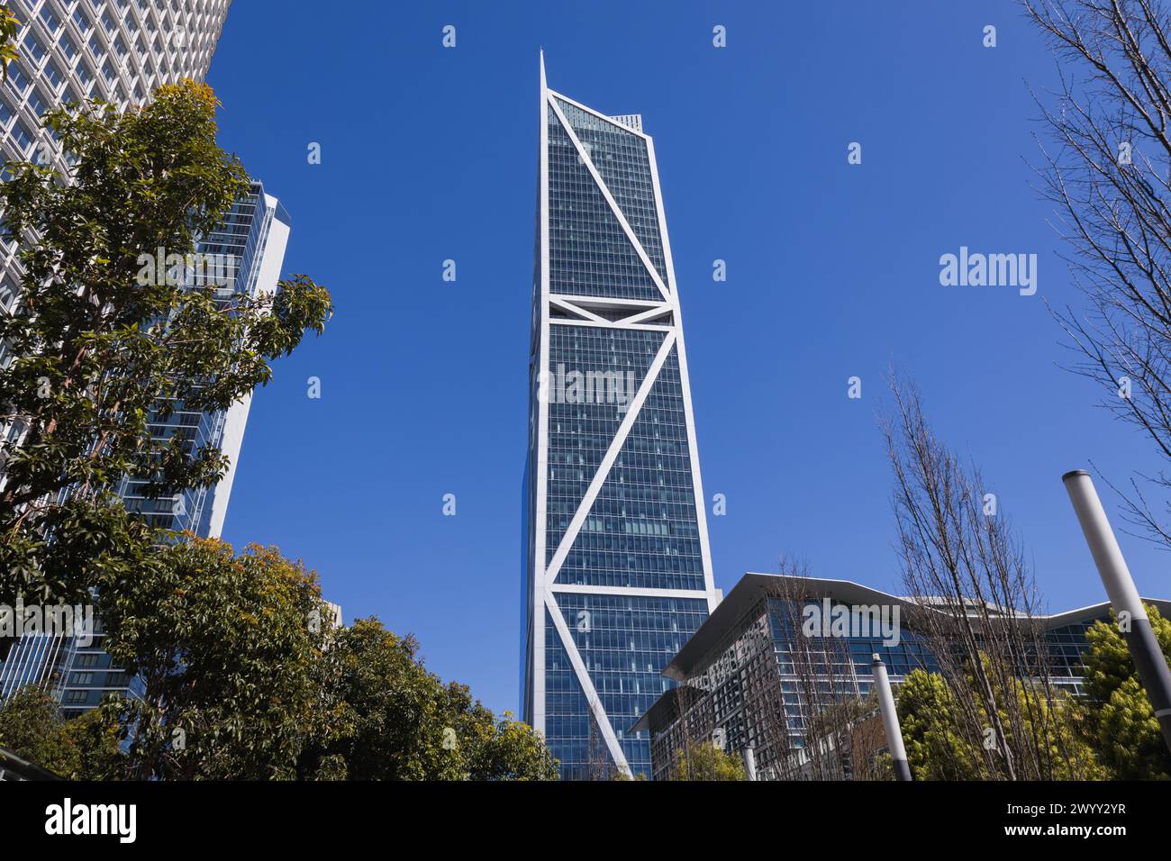 San Francisco, CA, États-Unis. 16 mars 2024 : Salesforce Park offre une vue imprenable sur les immeubles de bureaux de San Francisco dans le quartier financier. Banque D'Images