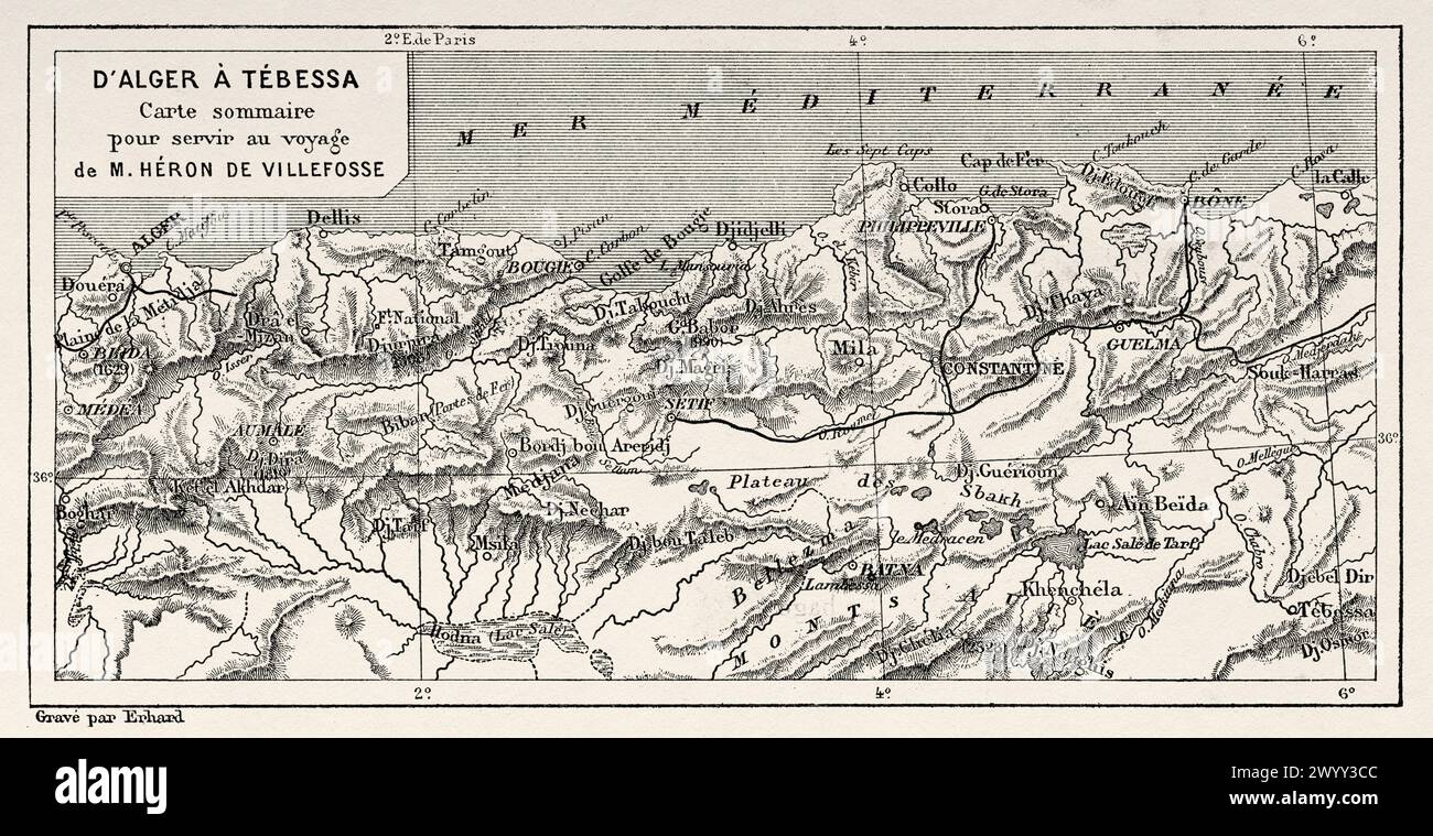 Carte utilisée pour le voyage à Tebessa. Province d'Oran, Algérie. Afrique. Dessin d'Erhard, Tébessa et ses monuments d'Antoine Héron de Villefosse (1845 - 1919) le Tour du monde 1880 Banque D'Images