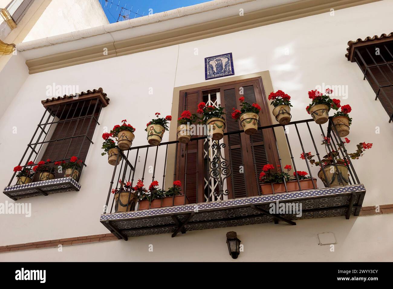 Balcon décoré de géraniums à fleurs rouges en pots. Málaga, Espagne. Banque D'Images