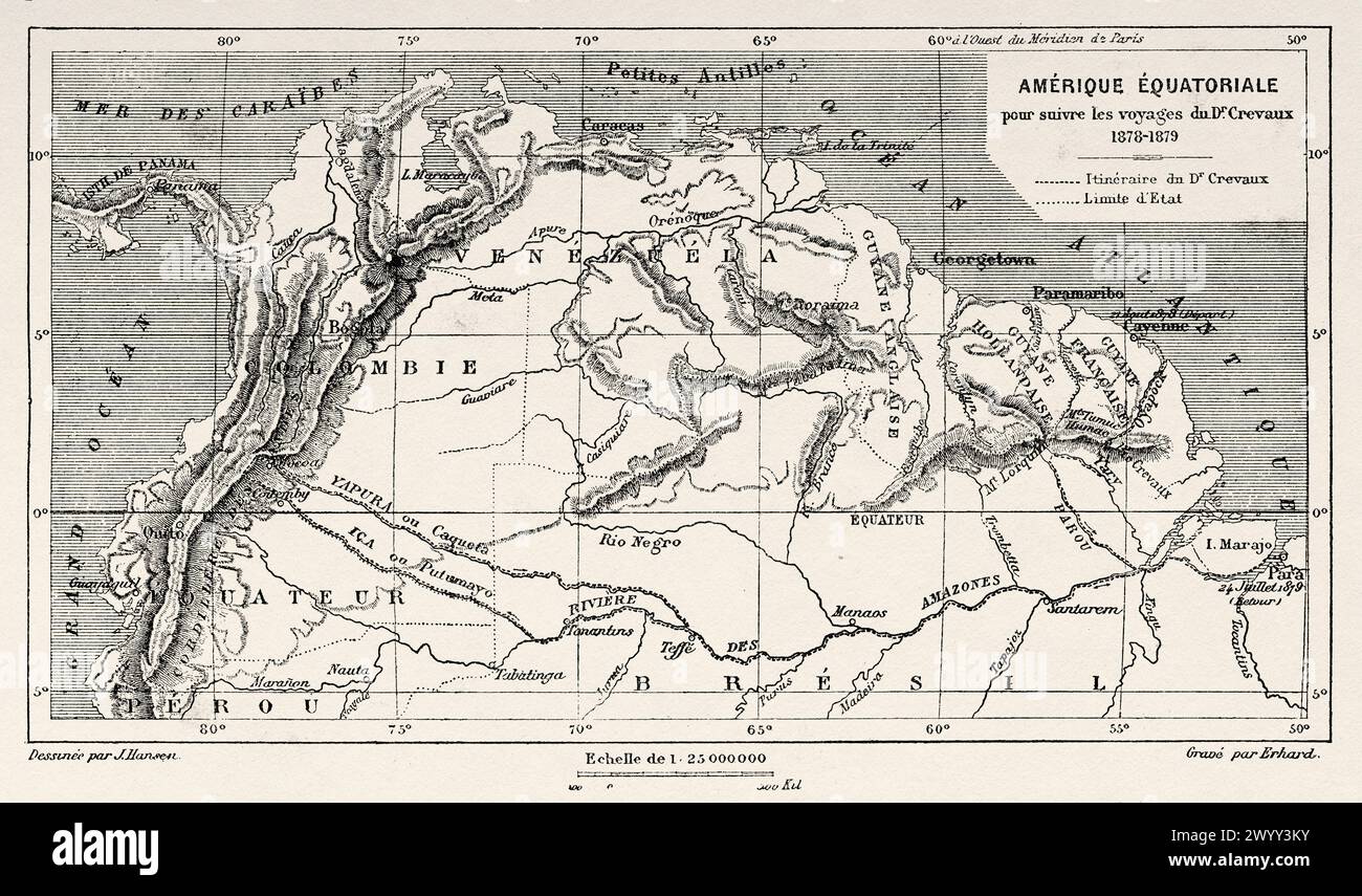 Ancienne carte de l'Amérique équatoriale utilisée pour le voyage à Dr Crevaux, Amérique du Sud. De Cayenne aux Andes (1878-1879) par Jules Crevaux (1847 - 1882) le Tour du monde 1880 Banque D'Images