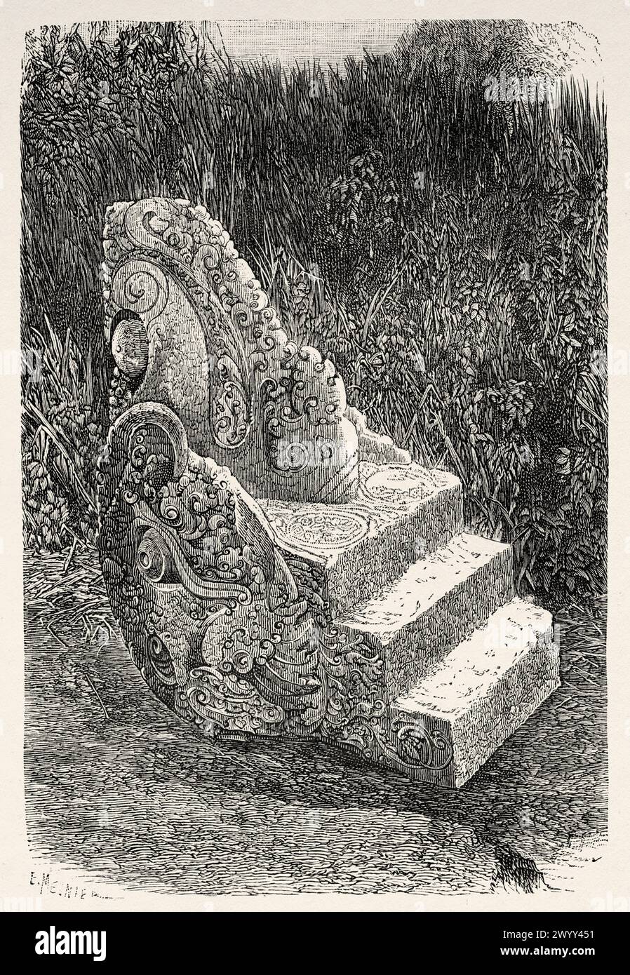 Partie d'un escalier sculpté originaire de la culture hindoue dans la région de Jambi, district de Rawas, île de Sumatra. Indonésie. Dessin d'Emile Therond (1821- 1883) à travers l'île de Sumatra 1877 par Daniel David Veth (1850 - 1885) le Tour du monde 1880 Banque D'Images