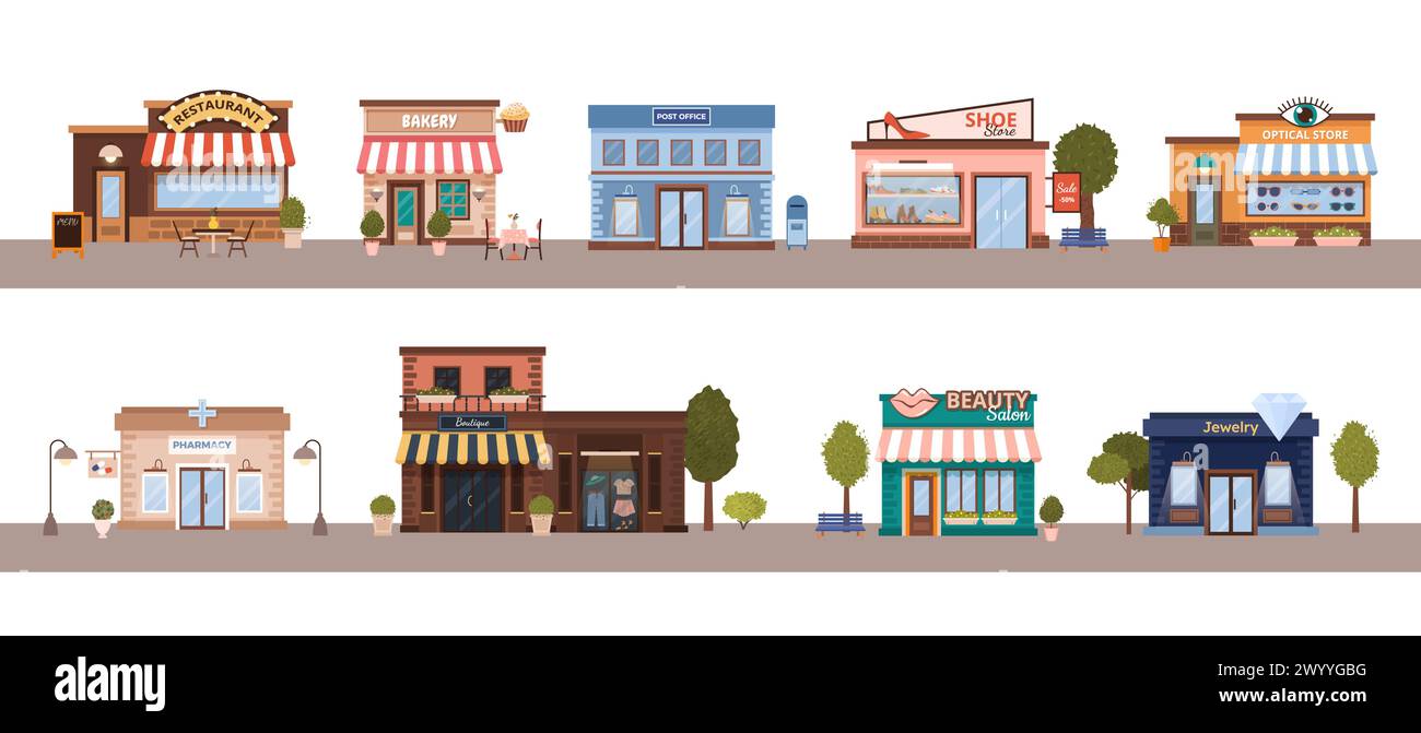 Paysages urbains avec des bâtiments urbains plats sur la route. Illustration de Vecteur