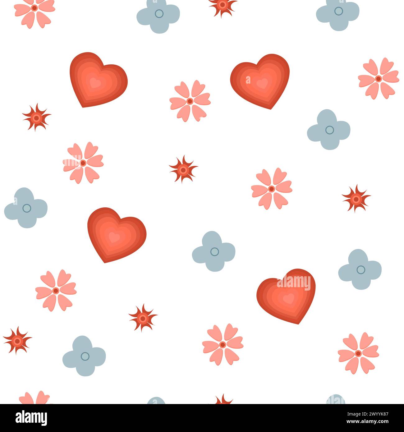 Modèle vectoriel sans couture avec des fleurs d'art naïves primitives et des coeurs sur fond blanc Illustration de Vecteur