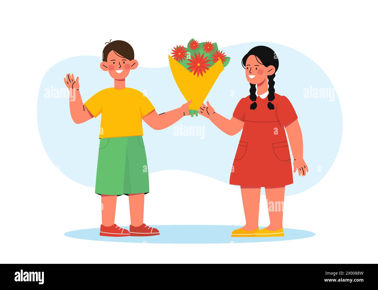 Garçon donne des fleurs au vecteur de fille Illustration de Vecteur