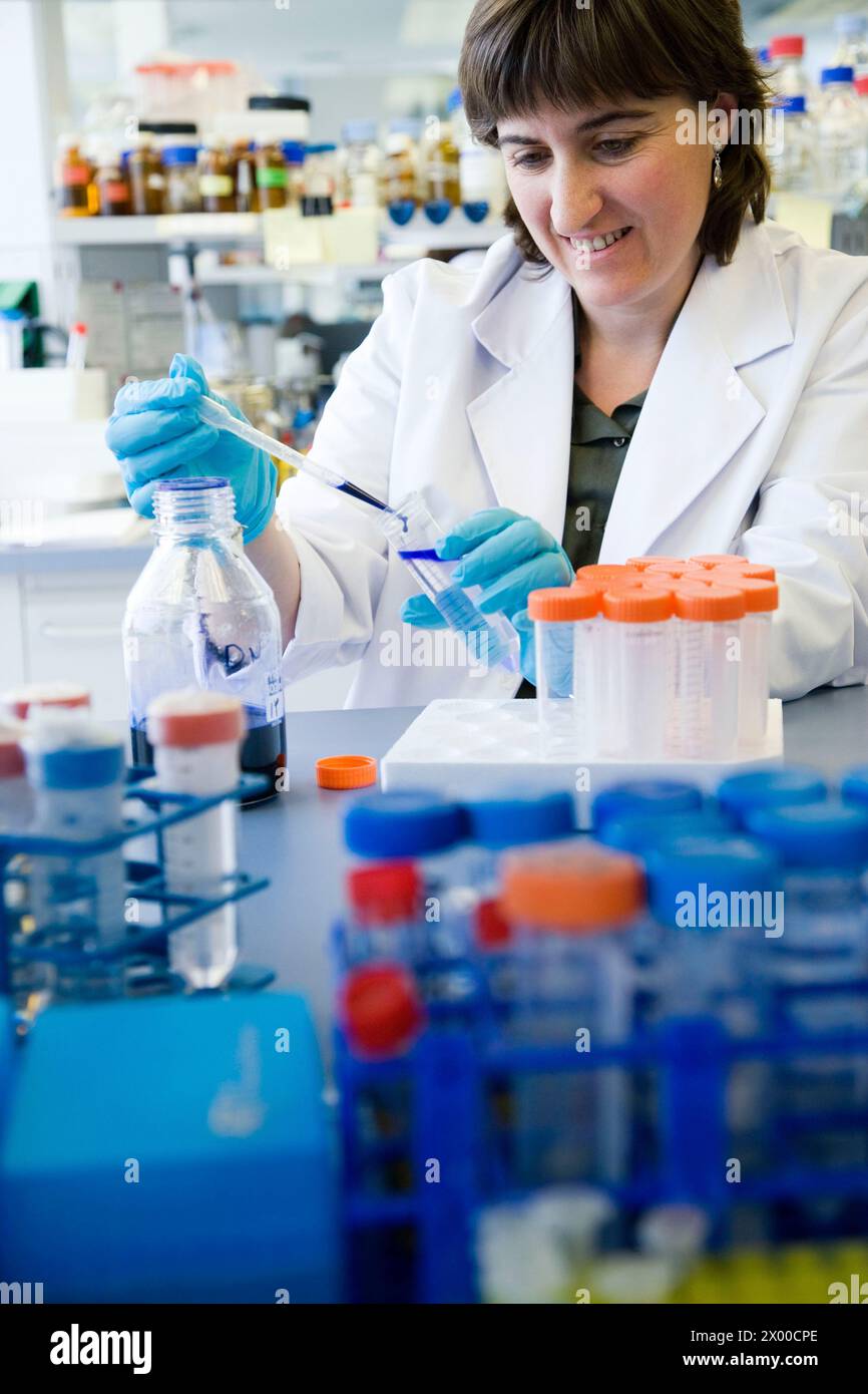 Coloration de substances, laboratoire biopharmaceutique, développement de nouvelles molécules thérapeutiques à base d'anticorps humains pour le traitement des maladies infectieuses et inflammatoires, Biotherapix, Grupo Genetrix, Madrid. Banque D'Images