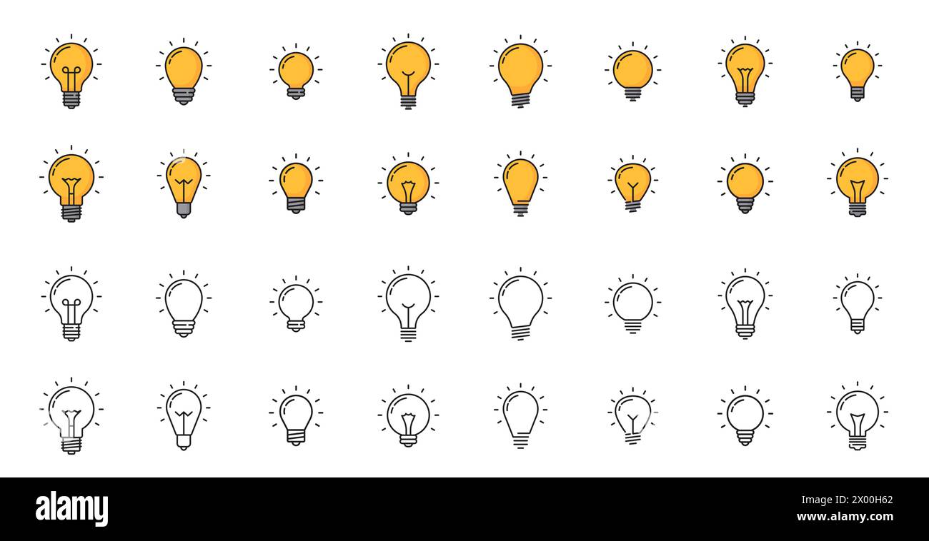 Icônes de ligne d'ampoule, symboles d'idée créative d'ampoule, transmettre l'innovation et la créativité, l'illumination, l'imagination, les idées lumineuses et la pensée innovante. Ensemble vectoriel de lampes couleur et monochromes Illustration de Vecteur