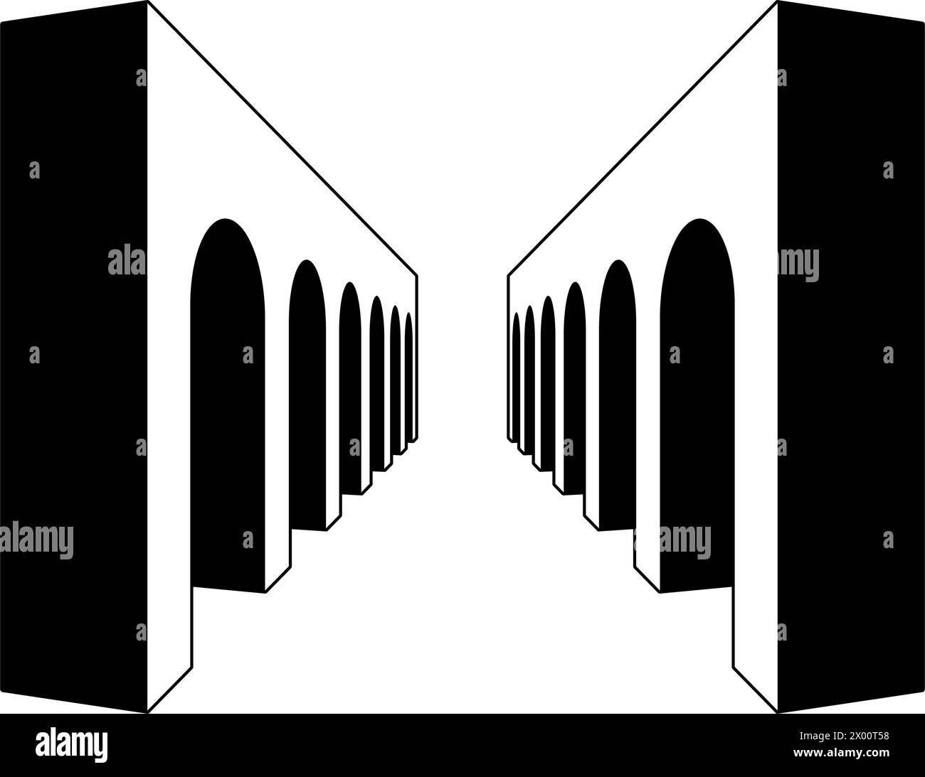 Chemin linéaire de galerie d'arc. Elément de portail arqué surréaliste noir et blanc. Arcade voûtée rétro 3d en perspective. Concept de tunnel de colonnade vintage pour collage, affiche, bannière, livret, dépliant. Art vectoriel Illustration de Vecteur