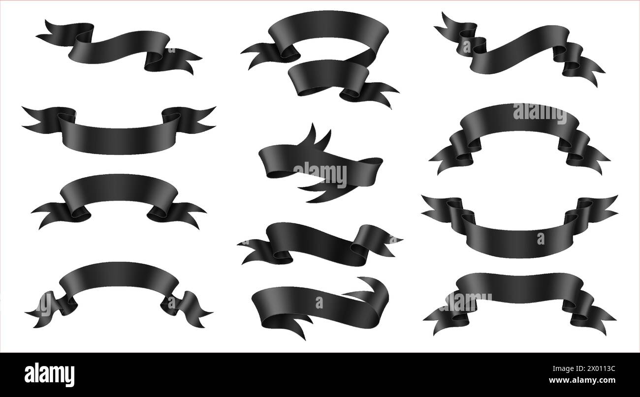 Ruban de soie noir éblouissant ensemble d'illustration vectorielle réaliste. Éléments de conception décoratifs de luxe modèles 3D sur fond blanc. Art des fêtes Illustration de Vecteur