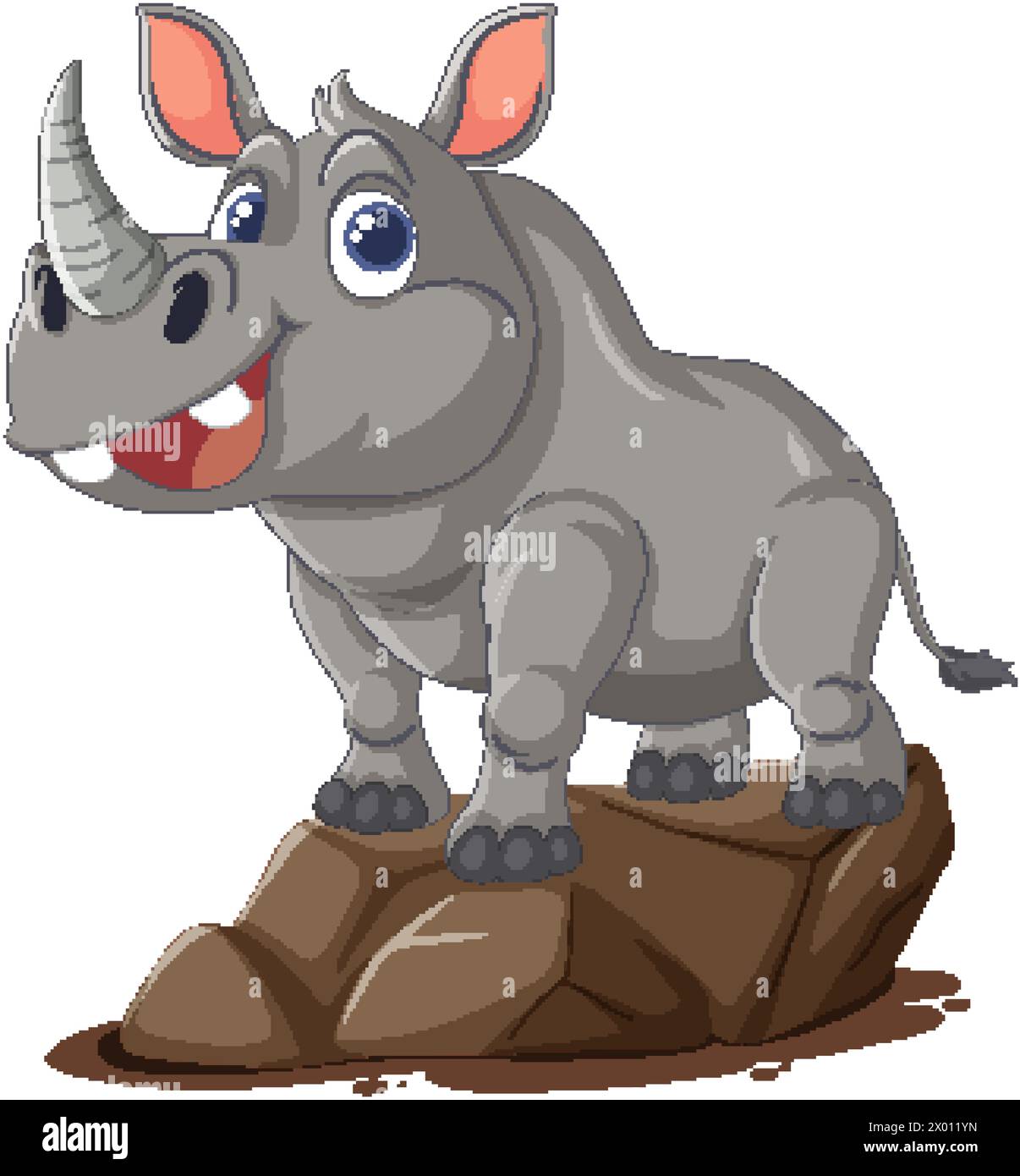 Un heureux rhinocéros de dessin animé debout sur les rochers. Illustration de Vecteur