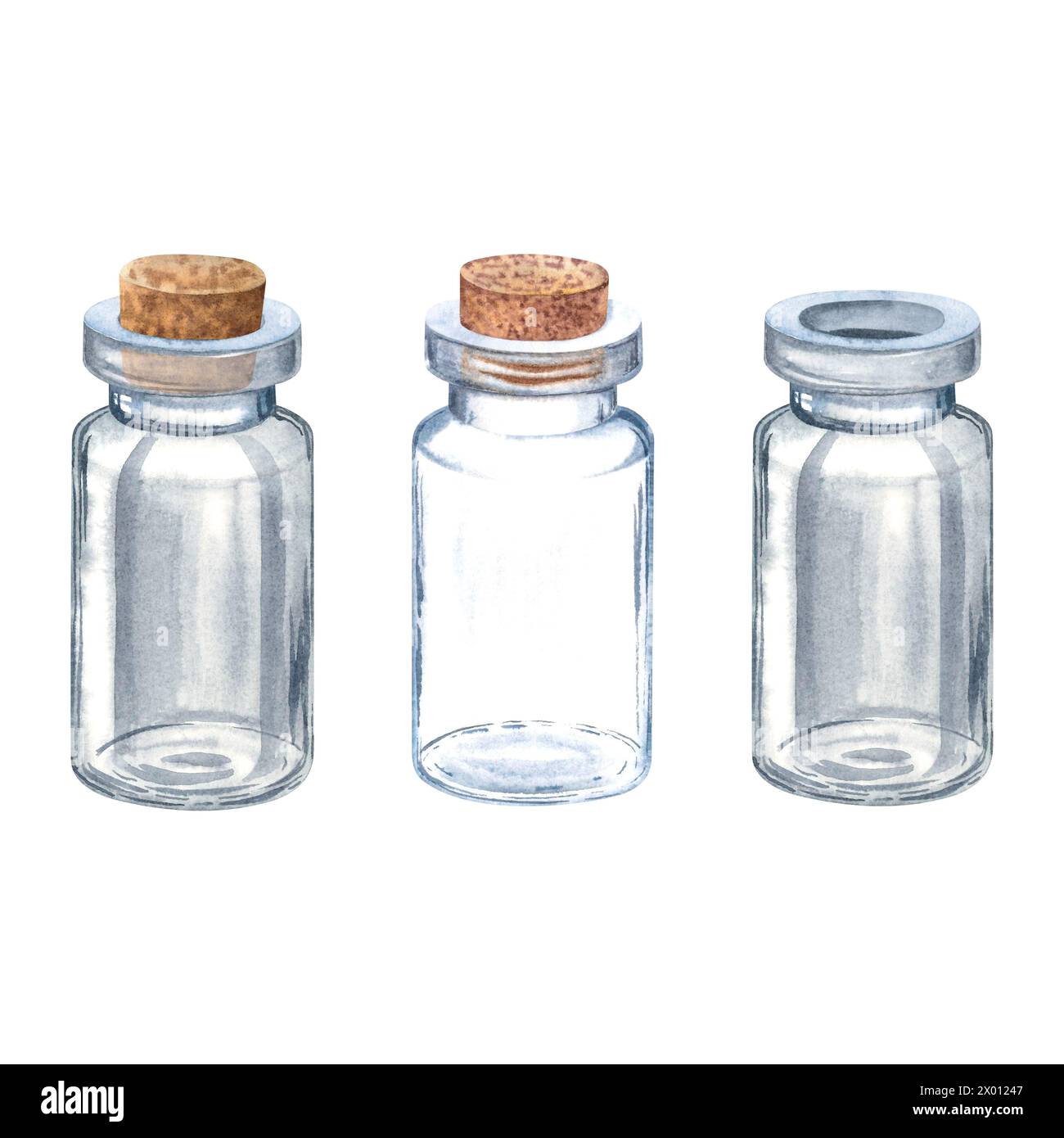 Trois bouteilles vides miniatures en verre transparent avec bouchon en bois. Illustration à l'aquarelle dessinée à la main d'une petite fiole isolée sur fond. Banque D'Images