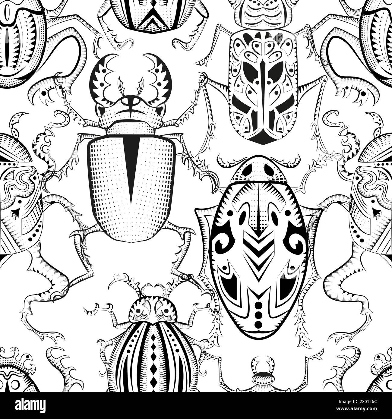 Modèle sans couture avec des bugs décorés mystiques sur fond blanc. Illustration de Vecteur